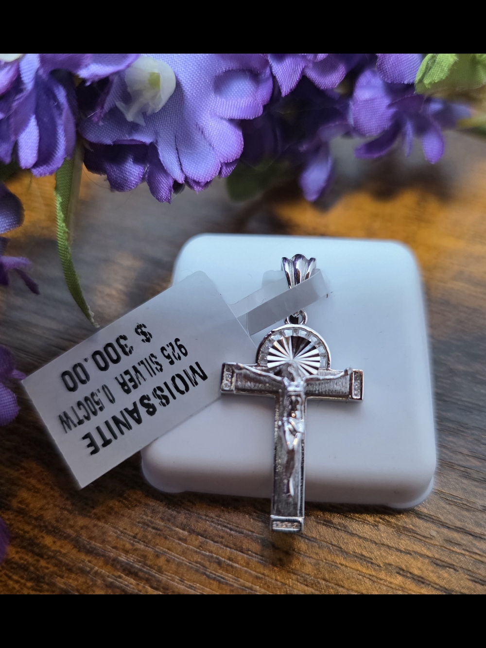 Sterling Silver Crucifix Pendant with Radiant Halo, And Moissanite Diamonds